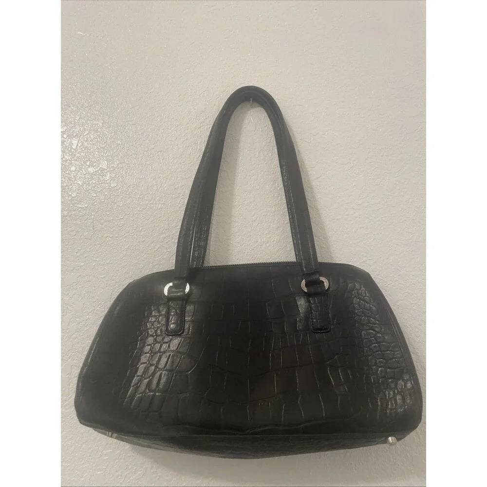 Monsac Handbag Croc Embossed East West Black Leather Shoulder Purse Preppy Bag